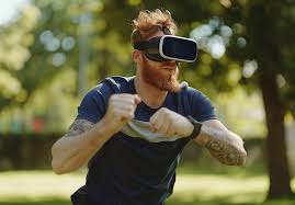 Person mid-swing wearing a VR headset in a modern indoor setting