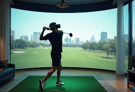Golfer wearing a VR headset mid-swing in a cinematic golf simulator